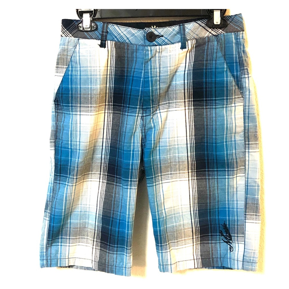 MICROS BLUE,NAVY, AND WHITE PLAID SHORTS